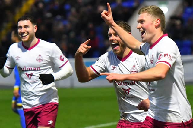 Cedwyn Scott, Paul Blackett and Will Jenkins (L to R) celebrate after the latter scored in South Shields' win at National League North rivals Chester (photo Kevin Wilson)