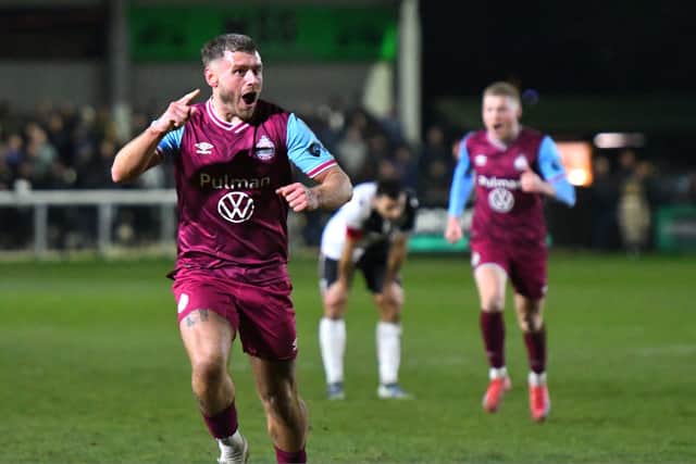 Paul Blackett celebrates after scoring in South Shields 2-1 win at Darlington (photo Kevin Wilson)