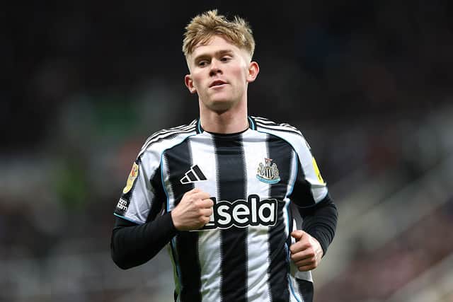 Lewis Hall of Newcastle in action during the Carabao Cup Semi Final First Leg match between Newcastle United and Manchester City at St James' Park on January 13, 2026 in Newcastle upon Tyne, England. (Photo by Stu Forster/Getty Images)