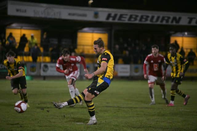 Gary Martin scored Hebburn Town's late winner in their victory against Northern Premier League Premier Division rivals Ashton United (photo Tyler Lopes)