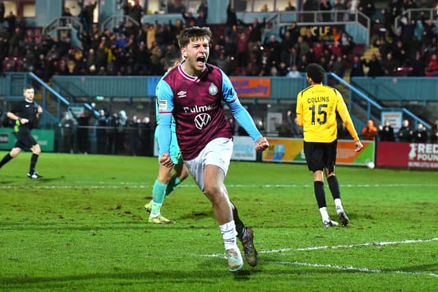 Sonny Finch celebrates after scoring his first South Shields goal against Southport (photo Kevin Wilson)