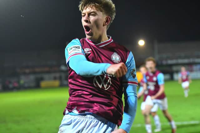 Sonny Finch celebrates after grabbing the only goal in South Shields' home win against Southport (photo Kevin Wilson)