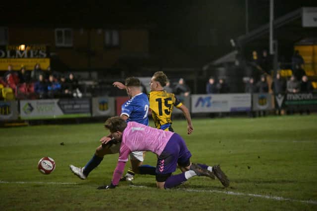 Hartlepool United youngster Kian Foreman scores for Hebburn Town in their 3-1 home win against NPL Premier Division rivals Whitby Town (photo Tyler Lopes)