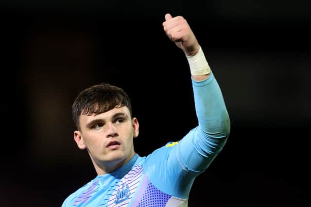 Aidan Harris of Newcastle United U21 acknowledges the fans following the Bristol Street Motors Trophy match between Bradford City and Newcastle United U21 at University of Bradford Stadium, Valley Parade on September 03, 2024 in Bradford, England. (Photo by George Wood/Getty Images)