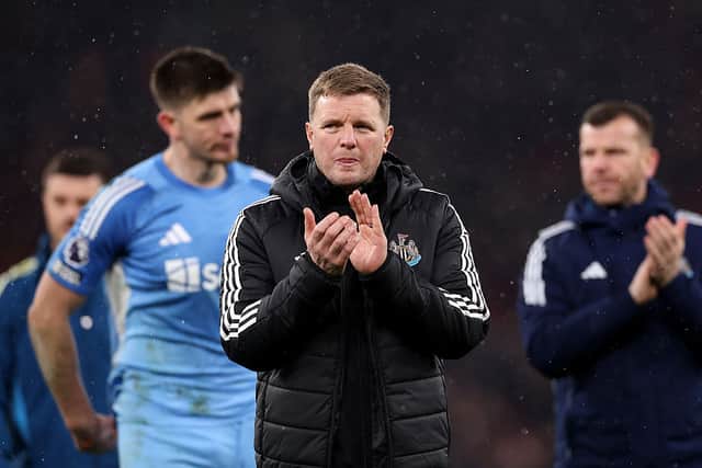 Eddie Howe, Manager of Newcastle United, applauds the fans following the Premier League match between Liverpool and Newcastle United at Anfield on January 31, 2026 in Liverpool, England. (Photo by Stu Forster/Getty Images)