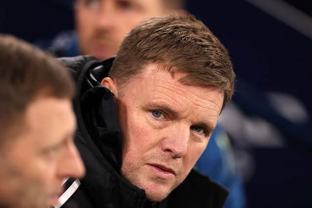 Eddie Howe, Manager of Newcastle United, looks on prior to the Carabao Cup Semi Final Second Leg match between Manchester City and Newcastle United at Etihad Stadium on February 04, 2026 in Manchester, England. (Photo by Carl Recine/Getty Images)
