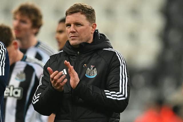 Newcastle United's English head coach Eddie Howe applauds fans on the pitch after the English Premier League football match between Newcastle United and Brentford at St James' Park in Newcastle-upon-Tyne, north east England on February 7, 2026. Brentford won the game 3-2. (Photo by ANDY BUCHANAN / AFP via Getty Images)