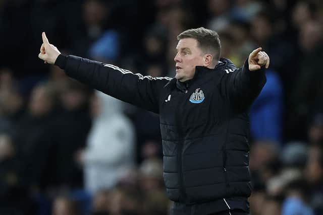 Newcastle United's English head coach Eddie Howe gestures on the touchline during the English Premier League football match between Manchester City and Newcastle at the Etihad Stadium in Manchester, north west England, on February 21, 2026.