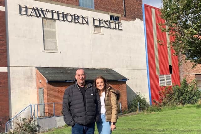 Bronwyn Mogie with her dad, William, at the former Hawthorn Leslie site, in Hebburn, before it was demolished for redevelopment.