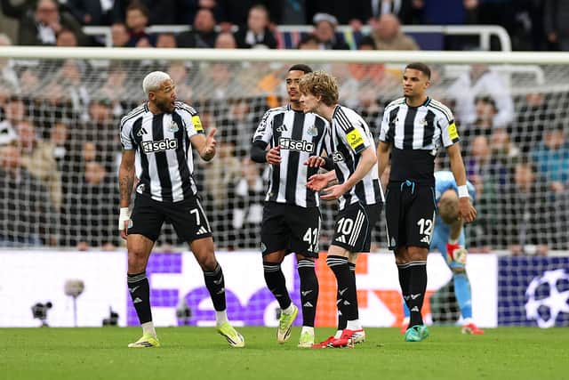Joelinton and Anthony Gordon of Newcastle United react after Lamine Yamal of FC Barcelona (not pictured) scores his team's first goal during the UEFA Champions League 2025/26 Round of 16 First Leg match between Newcastle United FC and FC Barcelona at St James' Park on March 10, 2026 in Newcastle upon Tyne, England. (Photo by Stu Forster/Getty Images)