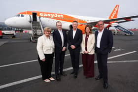 L-R Cllr Tracey Dixon (Leader of South Tyneside Council) Nick Jones (CEO Newcastle airport ) Kenton Jarvis (CEO easyJet) Kim McGuinness (North East Mayor)  and Paul Bixby( chief commercial officer )  