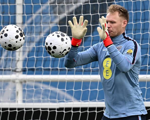 England's goalkeeper Aaron Ramsdale takes part in a training session at St George's Park in Burton-upon-Trent, central England, on March 24, 2025, ahead of their international friendly football matches against Uruguay and Japan. (Photo by Paul ELLIS / AFP via Getty Images) 
