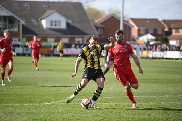 Gary Martin goes for goal during Hebburn Town's 1-0 win against Stockton Town (photo Tyler Lopes)