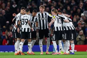 Nick Woltemade of Newcastle United looks on during a team huddle prior to the Premier League match between Manchester United and Newcastle United at Old Trafford on December 26, 2025 in Manchester, England. (Photo by Carl Recine/Getty Images)