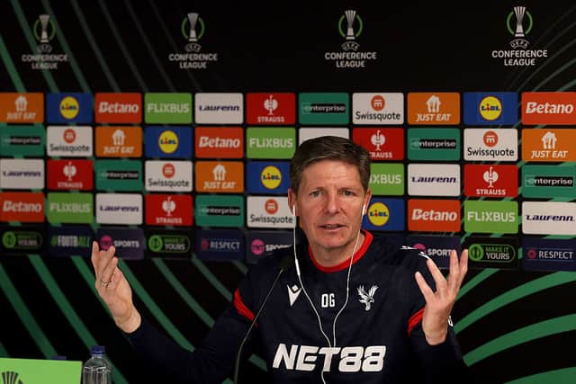 Oliver Glasner, Manager of Crystal Palace, speaks to the media during a press conference ahead of the UEFA Conference League 2025/26 Quarter-Final First Leg match between Crystal Palace and ACF Fiorentina at Crystal Palace FC Training Ground on April 08, 2026 in Beckenham, England. (Photo by Warren Little/Getty Images)