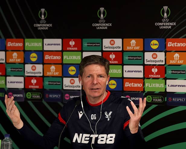 Oliver Glasner, Manager of Crystal Palace, speaks to the media during a press conference ahead of the UEFA Conference League 2025/26 Quarter-Final First Leg match between Crystal Palace and ACF Fiorentina at Crystal Palace FC Training Ground on April 08, 2026 in Beckenham, England. (Photo by Warren Little/Getty Images)