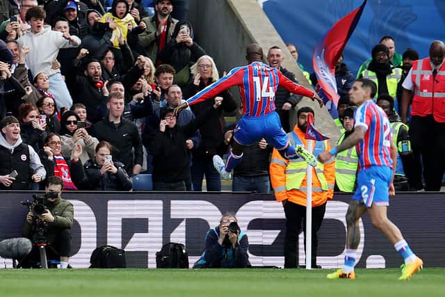 Jean-Philippe Mateta of Crystal Palace celebrates scoring his team's first goal during the Premier League match between Crystal Palace and Newcastle United at Selhurst Park on April 12, 2026 in London, England. (Photo by Eddie Keogh/Getty Images)