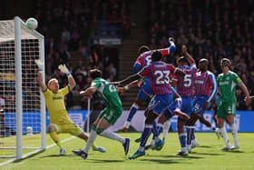 Jefferson Lerma of Crystal Palace has a headed shot onto the crossbar during the Premier League match between Crystal Palace and Newcastle United at Selhurst Park on April 12, 2026 in London, England. (Photo by Steve Bardens/Getty Images)