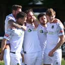 Hebburn Town celebrate after Matthew Elsdon scored in their win at Cleethorpes Town (photo Tyler Lopes)