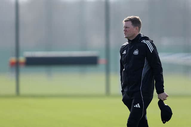 Newcastle United's English head coach Eddie Howe arrives to lead a team training session at the Darsley Park training centre in Newcastle upon Tyne, on March 9, 2026, the eve of their UEFA Champions League Last 16 football match against Barcelona. (Photo by SCOTT HEPPELL / AFP via Getty Images)