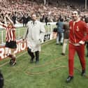Sunderland captain Bobby Kerr and manager Bob Stokoe celebrate after their 1-0 victory over Leeds in the 1973 FA Cup Final.
(Photo by Don Morley/Allsport/Getty Images)