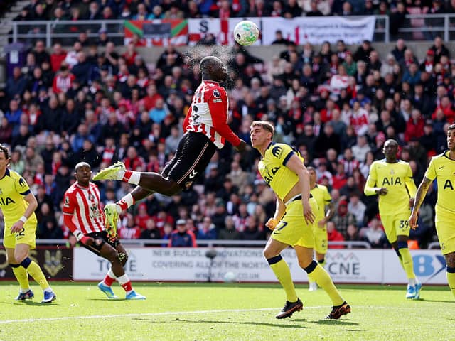Brian Brobbey of Sunderland heads the ball over the crossbar during the Premier League match between Sunderland and Tottenham Hotspur.