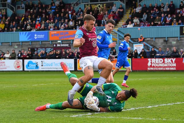 South Shields striker Paul Blackett is denied by Bedford Town goalkeeper Nathan Ashmore (photo Kevin Wilson.)