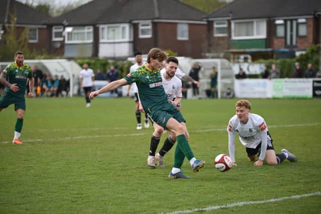 Campbell Darcy scores in Hebburn Town's win against Bamber Bridge (photo Tyler Lopes)