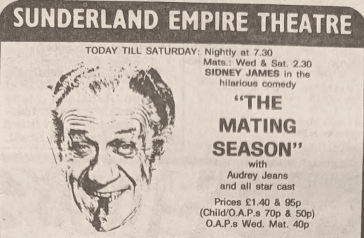 The advert which promoted The Mating Season starring Sid James in April 1976.