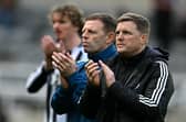 Newcastle United's English head coach Eddie Howe applauds the fans following the English Premier League football match between Newcastle United and Bournemouth at St James' Park in Newcastle-upon-Tyne, north east England on April 18, 2026. (Photo by Paul ELLIS / AFP via Getty Images) 
