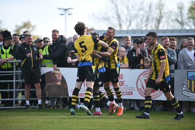 Hebburn Town celebrate after Joao Gomes scored in their 2-0 win against Rushall Olympic (photo Tyler Lopes)