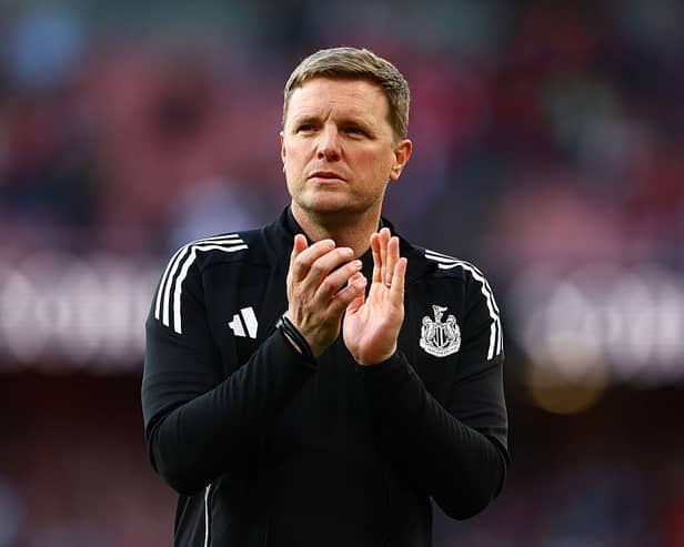 Eddie Howe, Manager of Newcastle United, applauds the fans after the Premier League match between Arsenal and Newcastle United at Emirates Stadium on April 25, 2026 in London, England. (Photo by Mark Thompson/Getty Images)