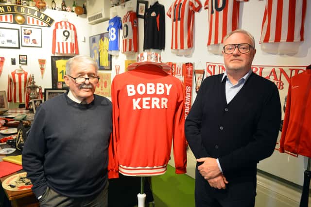 Bobby Kerr and Fans Museum founder Michael Ganley alongside the tracksuit top Bobby wore at the 1973 FA Cup final.