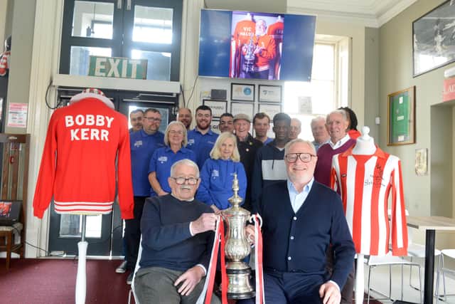 Fans Museum founder Michael Ganley and former SAFC FA Cup winning captain Bobby Kerry at the launch of the Bobby Kerr Dementia Centre.