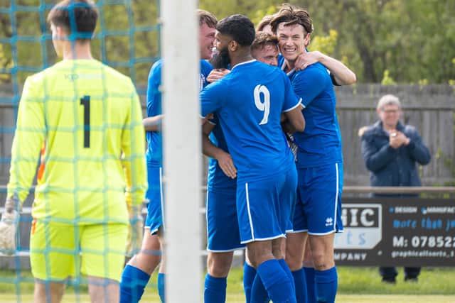 Jarrow celebrate during their Northern League Division Two play-off final win against FC Hartlepool (photo Kieran Gough)