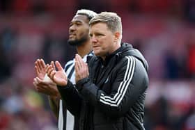 Eddie Howe, Manager of Newcastle United, applauds the fans following the draw in the Premier League match between Nottingham Forest and Newcastle United at City Ground on May 10, 2026 in Nottingham, England. (Photo by Shaun Botterill/Getty Images)