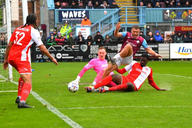 Paul Blackett is denied during South Shields' play-off final defeat against Kidderminster Harriers (photo Kevin Wilson)