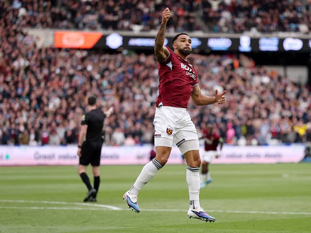 Callum Wilson of West Ham United celebrates scoring his team's first goal during the Premier League match between West Ham United and Arsenal at London Stadium on May 10, 2026 in London, England. (Photo by Alex Pantling/Getty Images)