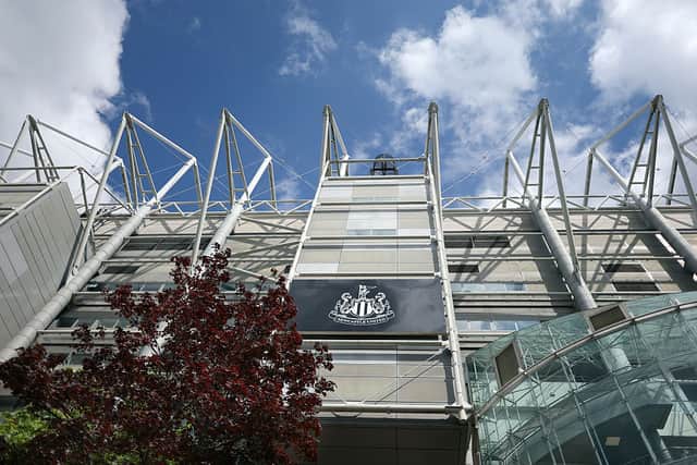 A general view of the club badge on the exterior of the West Stand prior to the Premier League match between Newcastle United and Brighton & Hove Albion at St James' Park on May 02, 2026 in Newcastle upon Tyne, England. (Photo by Stu Forster/Getty Images)