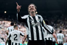 Nick Woltemade of Newcastle United celebrates scoring his team's first goal during the Premier League match between Newcastle United and West Ham United at St James' Park on May 17, 2026 in Newcastle upon Tyne, England. (Photo by Ian MacNicol/Getty Images)