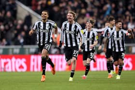 Malick Thiaw of Newcastle United and teammate Nick Woltemade celebrate winning the penalty shootout during the Emirates FA Cup Third Round match between Newcastle United and AFC Bournemouth at St James' Park on January 10, 2026 in Newcastle upon Tyne, England. (Photo by Annabel Lee-Ellis/Getty Images)
