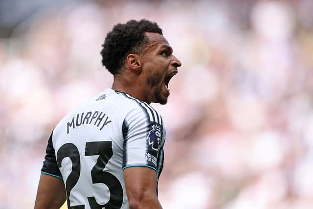 NEWCASTLE UPON TYNE, ENGLAND - MAY 02: Jacob Murphy of Newcastle United celebrates after his assist led to the first goal during the Premier League match between Newcastle United and Brighton & Hove Albion at St James' Park on May 02, 2026 in Newcastle upon Tyne, England. (Photo by Stu Forster/Getty Images)