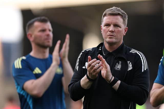 Eddie Howe, Manager of Newcastle United, applauds the fans following the Premier League match between Fulham and Newcastle United at Craven Cottage on May 24, 2026 in London, England. (Photo by Alex Davidson/Getty Images)