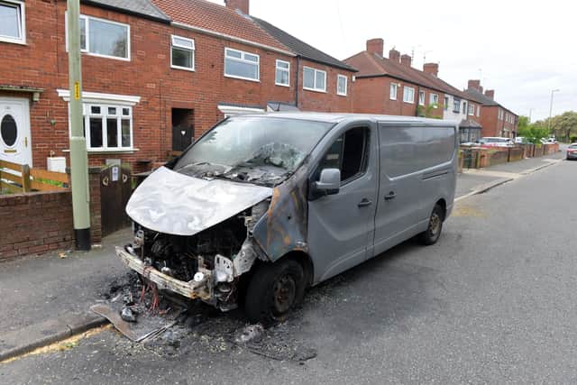 Aftermath of an van arson attack on Hedgeley Road, Hebburn.