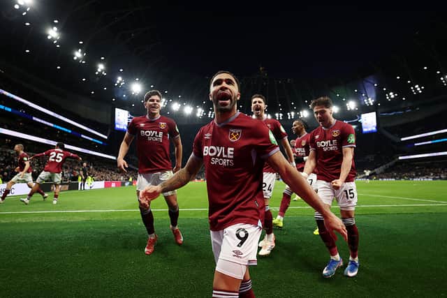 Callum Wilson of West Ham United celebrates scoring his team's second goal during the Premier League match between Tottenham Hotspur and West Ham United at Tottenham Hotspur Stadium on January 17, 2026 in London, England. (Photo by Justin Setterfield/Getty Images)