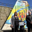 Eight-year-old Alica Georgiev, winner of the Sandhaven Amphitheatre mural competition, with Cllr Alan Rice and Margaret Rice, the Deputy Mayor and Mayoress of South Tyneside.