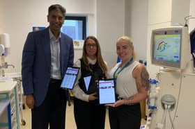 Dr Sid Ahmed with Rachael Barham, of HI NENC, and Hayley Dixon, Renal Administrator, with the tablets handed out to patients.