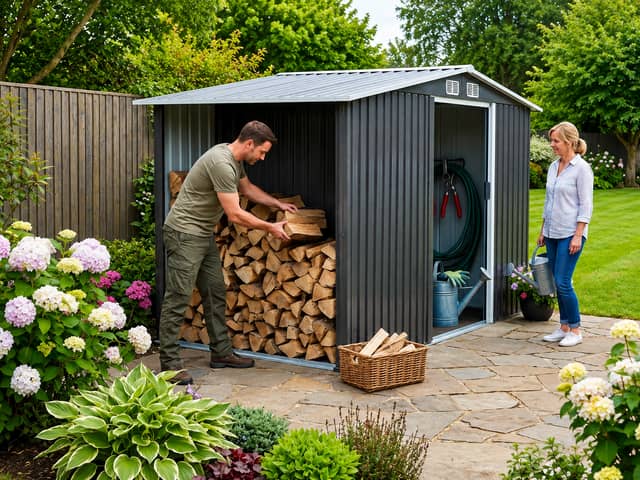 The spacious metal garden shed combines secure tool storage with a dedicated section for keeping logs dry and organised