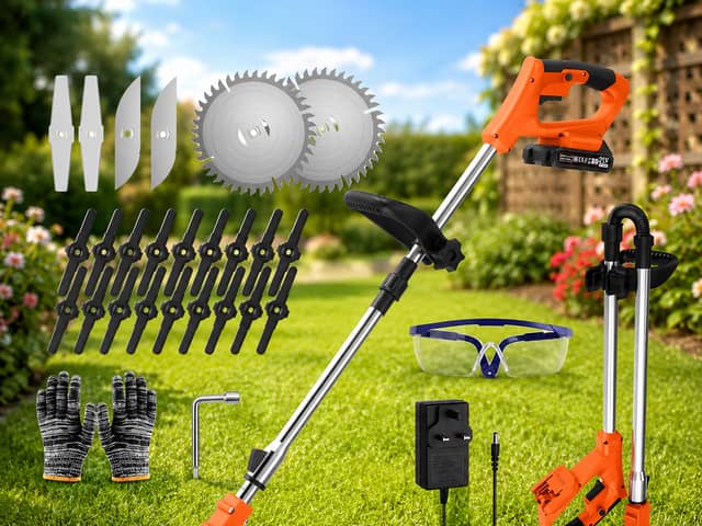 The LIVENTO cordless strimmer includes interchangeable blades and two rechargeable batteries for tackling lawns and overgrown borders