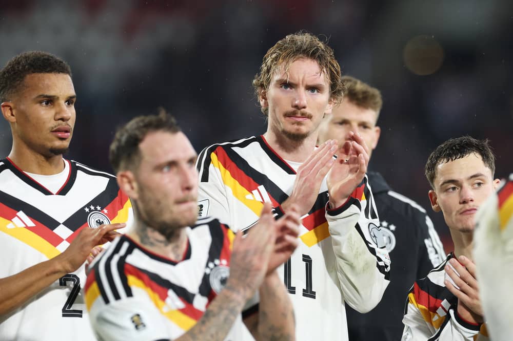 Malick Thiaw, Nick Woltemade and Florian Wirtz of Germany applaud the fans following their win, during the FIFA World Cup 2026 qualifier match between Luxembourg and Germany at Stade de Luxembourg on November 14, 2025 in Luxembourg, Luxembourg. (Photo by Alexander Hassenstein/Getty Images)